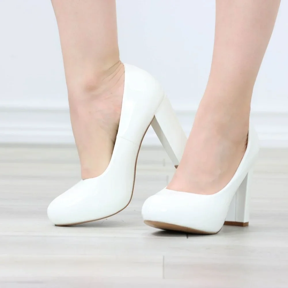 Classic White Patent Platform High Heels Slip On Round Toe Pumps - Picture 10 of 12